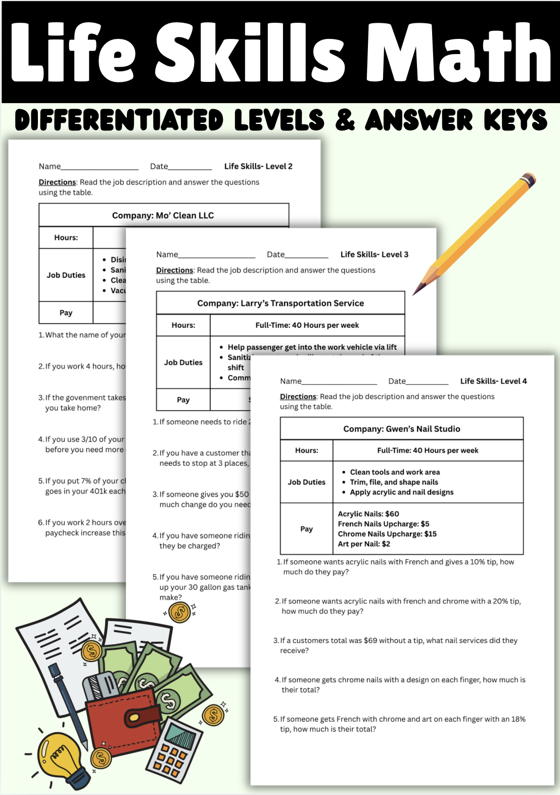 Life Skills Math Worksheets with Differentiated Levels & Answer Keys